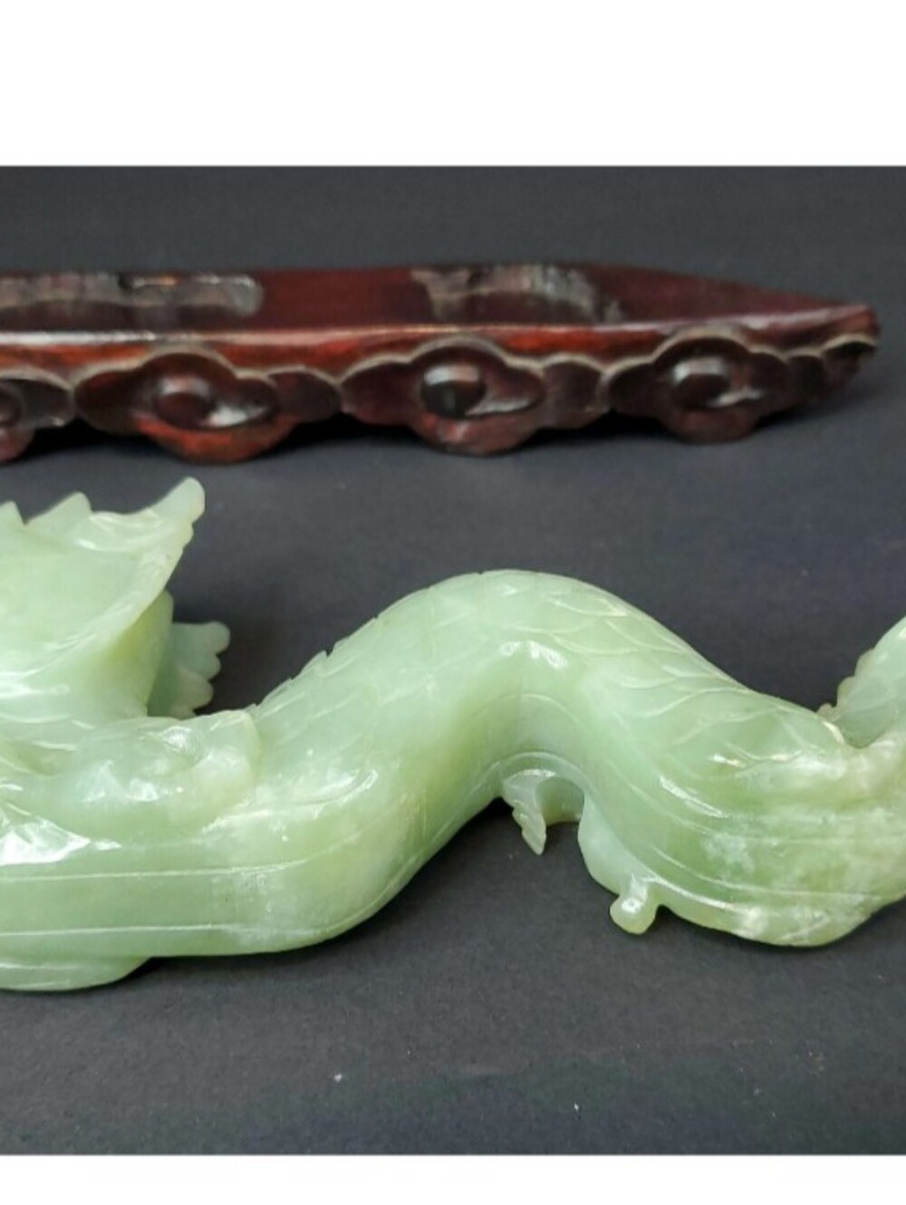 Carved Green Serpentine Jade Dragon Figurine Statue with Wooden Base - Picture 4 of 16